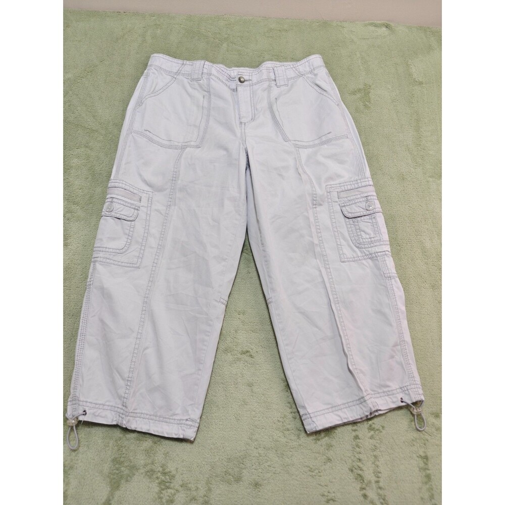St Johns Bay Womens Cargo Pants Sz 14 Gray Utility Capris Drawstring Cinch